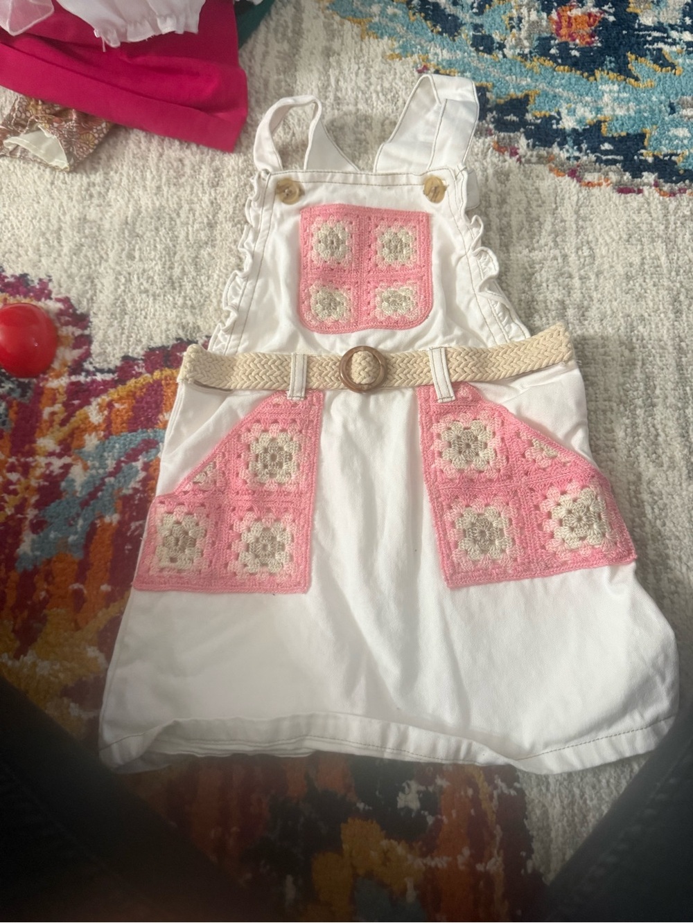 White Overall Dress with Pink Crochet Pockets - Cute Girls Summer Outfit size 5